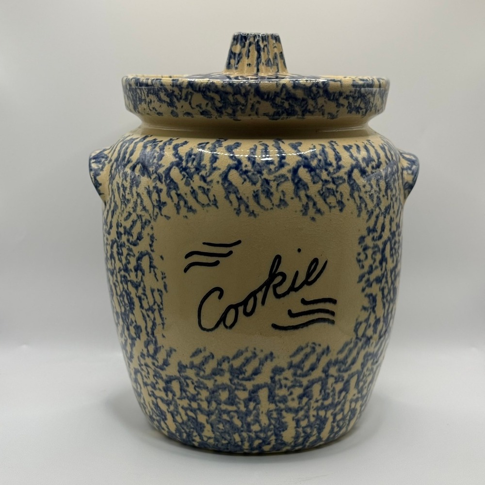 Robinson Ransbottom Blue Spongeware Cookie Jar 4 Qt Stoneware Crock Ohio